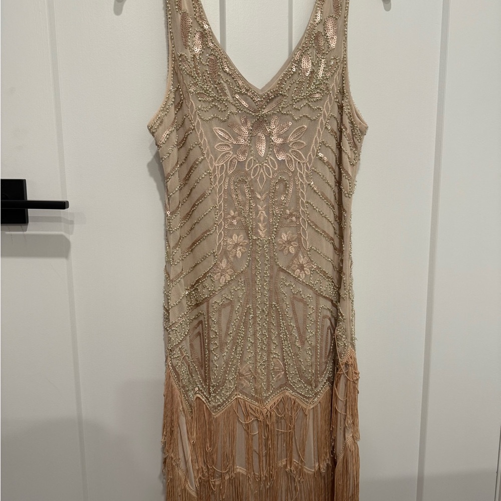 Beige Beaded Fringe Flapper Dress